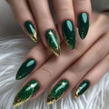 Nails for women girls full cover green nude nail tips with sparkling glitter square almond shape press on nail