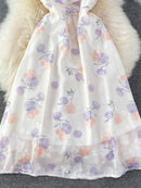 Women Chiffon Beach Dress Summer V Neck Elegant Backless Party Dresses Ladies Vintage A Line Floral Boho Long Robe