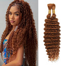 Woman with long braided hair next to a bundle of curly hair extensions, Obroi