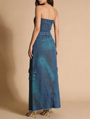 Camouflage Strapless Denim Maxi Skirt for Women