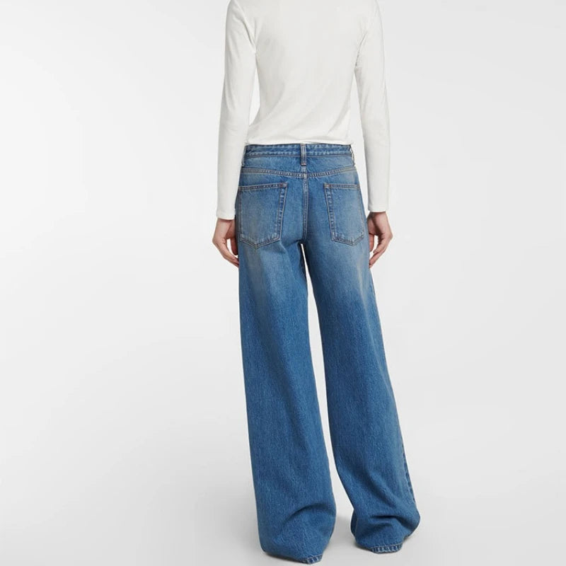 Autumn Minimalist Style Floor-length Trousers for Women High-waisted Loose Wide-leg Denim Women Jeans