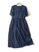 Casual Loose Short Sleeve Denim Shirt Dress Women Autumn Midi Dress Patchwork Streetwear Sundress