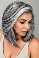 Wigs for Women Long Hair Old Lady Wig Layered Hair with Curtain Bangs Mix Grey Color Natural Wigs