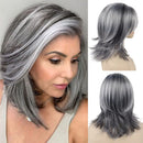 Wigs for Women Long Hair Old Lady Wig Layered Hair with Curtain Bangs Mix Grey Color Natural Wigs
