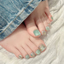 Summer Fresh Green False Toe Nails Glitter Rhinestone Decor Press on Toenails for Women Girl Wearing Toenail