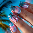 24Pcs Holiday Style Square Fake Nail Gradient with Coconut Tree Pattern Press on False Nail