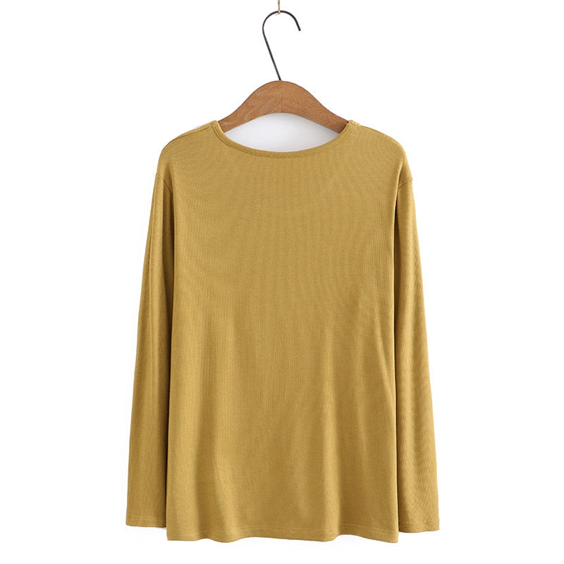Autumn T-Shirt Women Clothing High Stretch Slim Fit Cotton Tops Basics O-Neck Long Sleeve Solid Tees