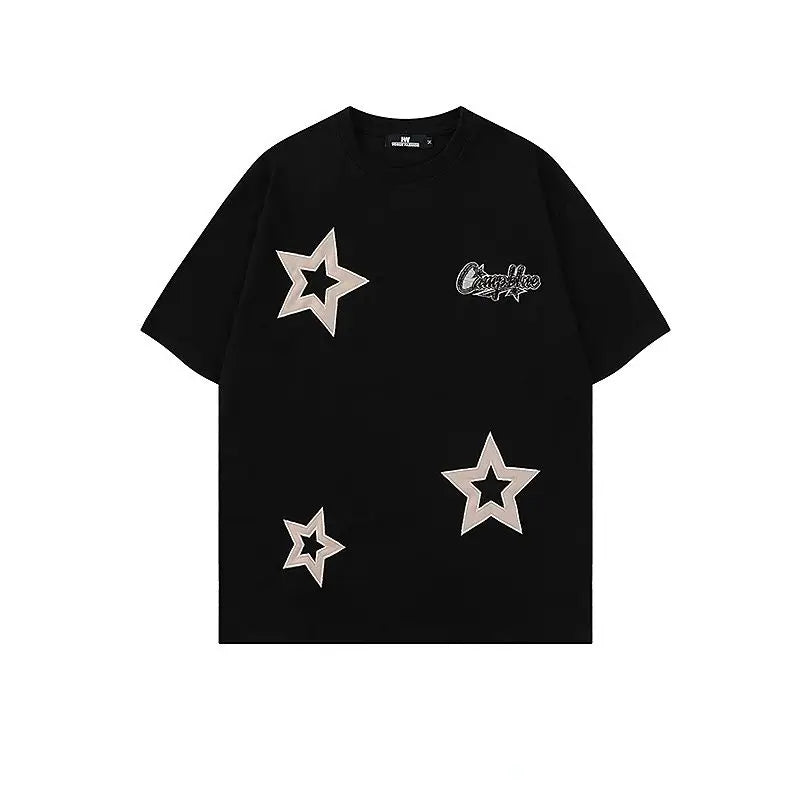 American Retro Star Embroidered Short Sleeved T Shirts Men and Women Loose Cotton Tees for Summer