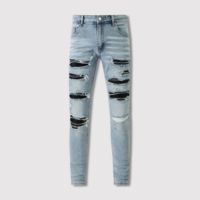 Men Jeans Stretch Skinny Fit Retro Light Blue Ripped Jeans Men Black Leather Patched Designer Hip Hop