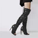 Women Peep Toe Black Matte Over The Knee Boots Concise Stiletto High Heel Zipper Boots