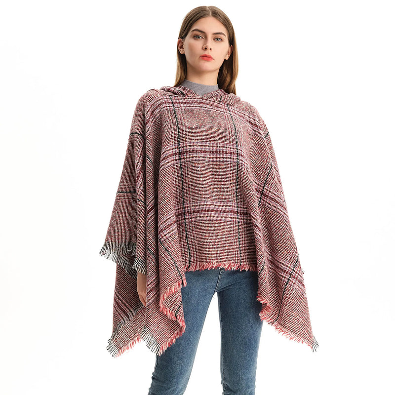 Spring Autumn Loop Yarn Barbed Hair Large Plaid Hooded Cape Street Lady Capes