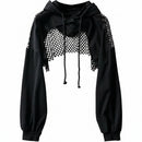 Women's Hollow Out Mesh Splice Hoodie Loose Outerwear Chic Sheer Sweatshirt Top