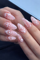 Medium nails for women Light pink Almond nail tips flora design full cover press on nail art