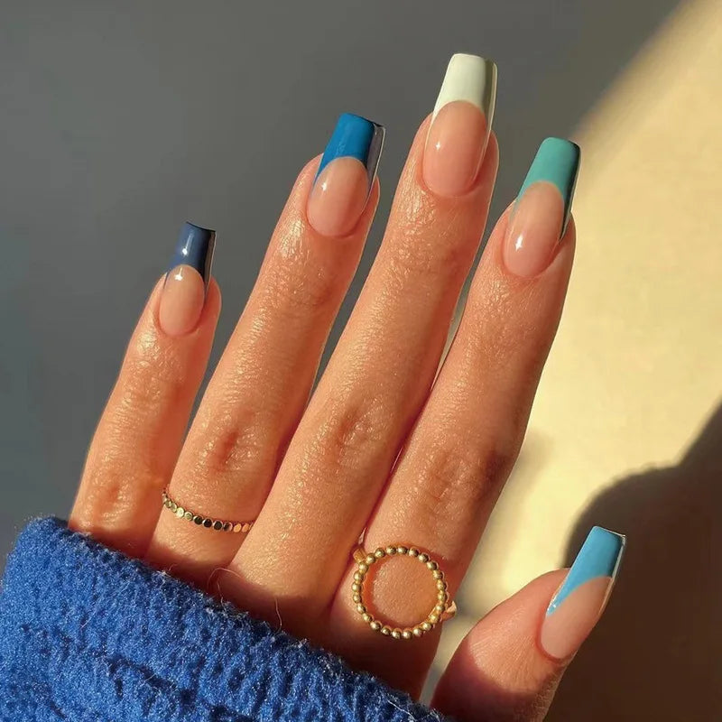 Waves Design Wearable Nail Art Glossy Fake Nails Short Ballet Finished False Nails Press on Nails with Glue