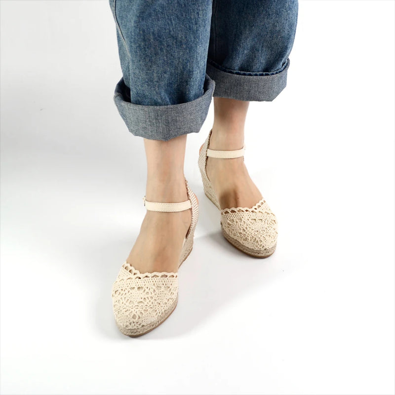 Summer Women Sandals Laces Upper Espadrilles Round Toe Wedges