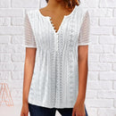 Summer Ladies Shirt Button Half Placket Lace Hollow Out Short Sleeve Solid See-through Women Blouses Top T-shirts