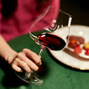 Hand holding a glass of red wine with a blurred plate of food in the background, Obroi
