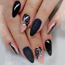 24pc Short Almond Black Mask Pattern Fake Nails Golden Line Press on Nails Simple Cool False Nail Tip