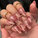 24pcs Long Almond Nails Art Gilded Flower Design Full Cover Nail Tips Pink Press on Nails