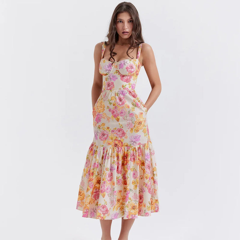 Summer Spaghetti Strap Midi Dress Elegant Casual Floral Holiday Party Dress with Pocket Women Clothing