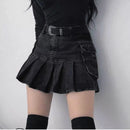 Vintage Denim Skirt Women Streetwear High Waist Pockets Gothic Black Jeans Pleated Skirt Autumn Winter