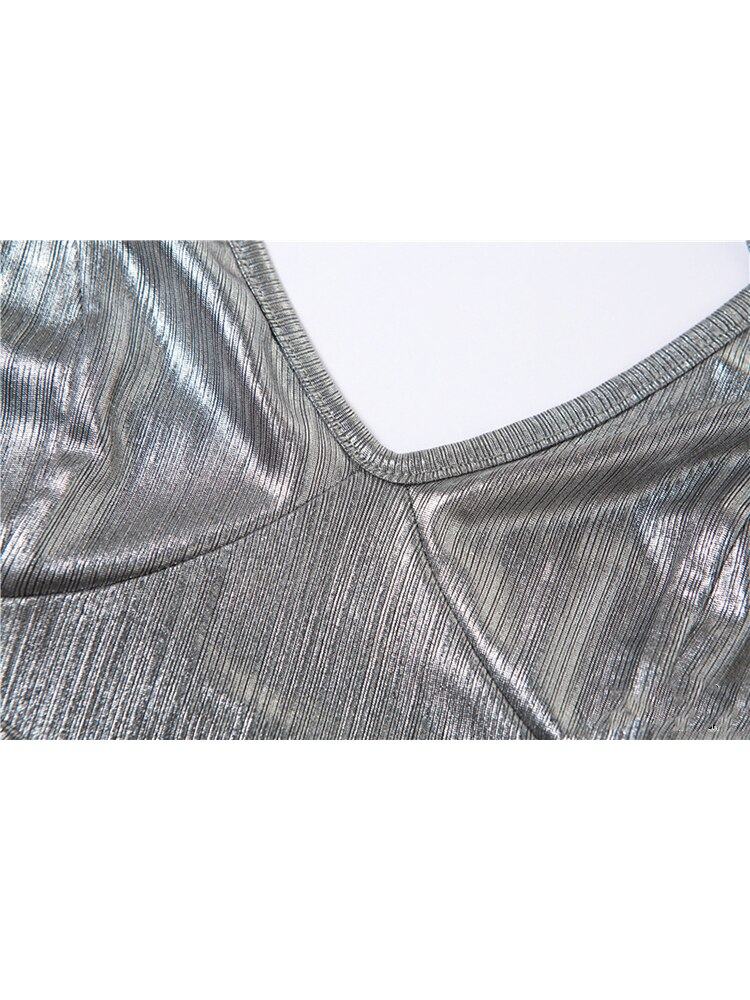 Summer Vintage Women's Halter Neck Silver Crop Tops Sexy Cute Bandage Tank Top Vest Streetwear Camisole T-shirt