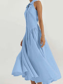 Casual Blue Lapel Dresses For Women Single Breasted Sleeveless Dresses Summer Pleated Mid-Calf Dress