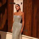 Sliver Sequin Evening Dresses Strapless Dresses with Tassel Mermaid Gown