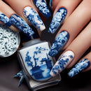 24pcs Blue and White Porcelain False Nails with Designs Long Press On Nails