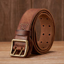 Brown leather belt with brass buckle on a wooden surface, Obroi