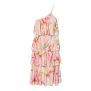 Summer Women Pink Floral One Single Shoulder Sling Dress Cascade Ruffles Hem Long Dresses Holiday