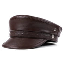 Brown leather cap on a white background with text in the corner, Obroi