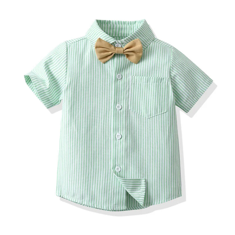 Elegant Suit Kids Boys Gentleman Short Sleeve Striped Bowtie Formal Shirts Suspenders Pants Clothing Sets