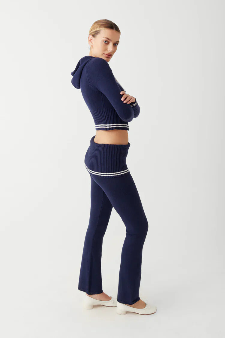 Hooded Knitted Sweatshirt Low Waist Tight Casual Pants Two Pieces Set Women