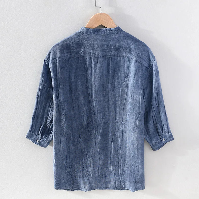 Men Linen Half Sleeve Shirt Stand Collar Loose Casual Half Sleeve Shirt