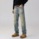 Men Distressed Washed Ripped Jeans - Loose Slim Tapered Patchwork Pant