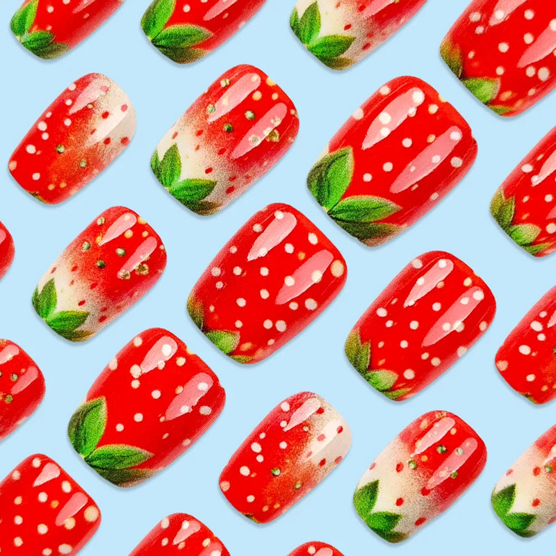 24pcs Press on Nails Summer Strawberry Fruit False Nails with Charms Red Nail Tips Artificial Nails