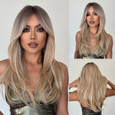 Long Straight Layered Wigs Blonde Platinum Highlight Wig with Bangs Cosplay Daily Use Natural Hair Wig for Women
