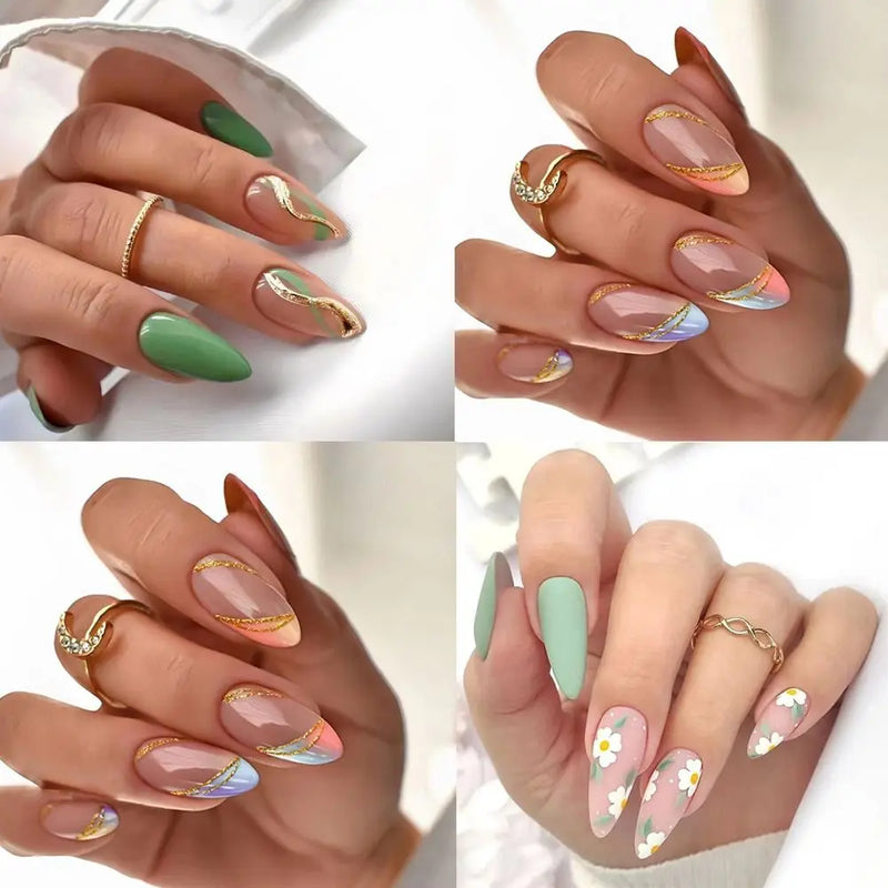 24pcs Manicure Fake Nials Diy Green Flowers French Long Almond False Nails