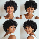 Four different angles of a woman with short, curly black hair wearing earrings, Obroi