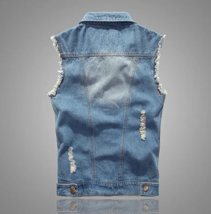 Cotton Hole Denim Waistcoat Men Casual Solid Color Outdoor Slim Fit Mens Vest New Autumn Quality Waistcoats for Men