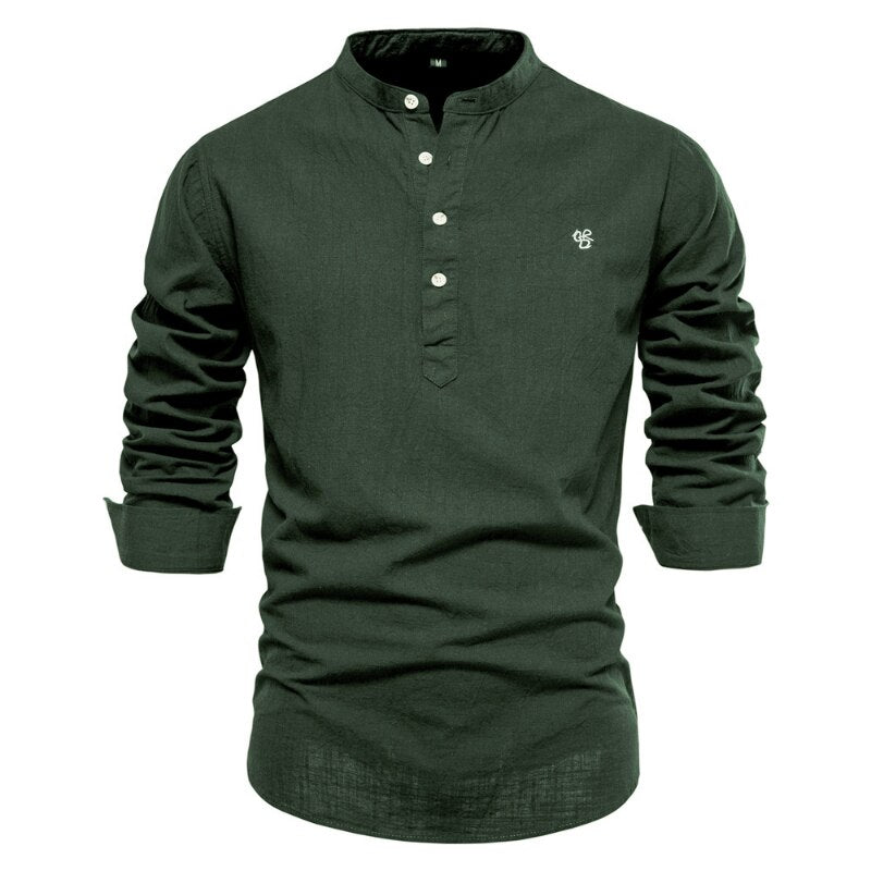 Men Linen Shirt Casual Solid Breathable Top Embroidered Standing Neck Slim Fit Shirt