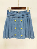 Denim Skirt Double Breasted Lion Button Pressed Pleated Washed Blue Denim Short Mini Skirt