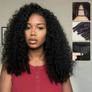 Woman with long, curly hair and close-up insets of hair extensions, Obroi