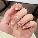 Rose Press on Nails Relief Coffin Acrylic False Nail Sweet Butterfly Pearl Fake Nails Pink Gradient Nail