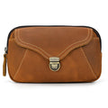 Obroi Brown leather pouch with a gold buckle on a white background