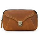 Obroi Brown leather pouch with a gold buckle on a white background