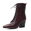 Maroon lace-up boot with a black heel on a white background, Obroi