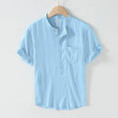 Summer Linen Soft and Breathable Thin Men's Casual Short Sleeve T-shirt Blouse Streetwear Station Collar Shirts