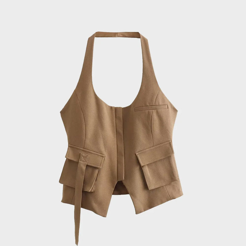 Brown vest with pockets on a light gray background, Obroi